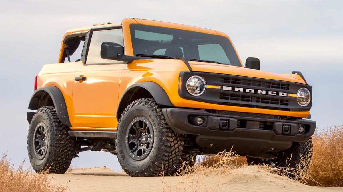 2021 Ford Bronco in yellow on top of a hill. The Ford Bronco is affected by this latest recall.