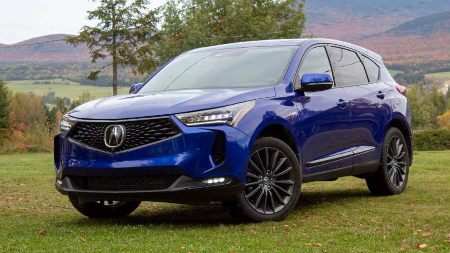 Blue 2023 Acura RDX posed on a grassy knoll with a hilly background. This is one of the cheapest luxury SUVs to maintain.