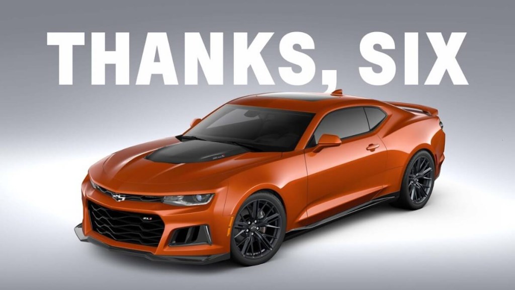 A Collector's Edition Camaro ZL1 1LE on display in front of text reading 'Thanks, Six.'