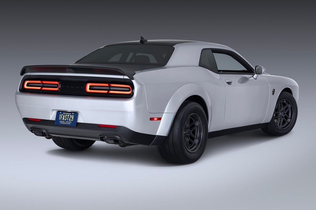 A new 2023 Dodge Demon 170 shows off its spoiler and slick tires. 