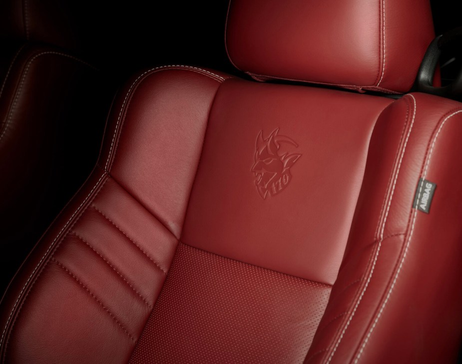 The red leather seats custom made for the Dodge Demon 170.