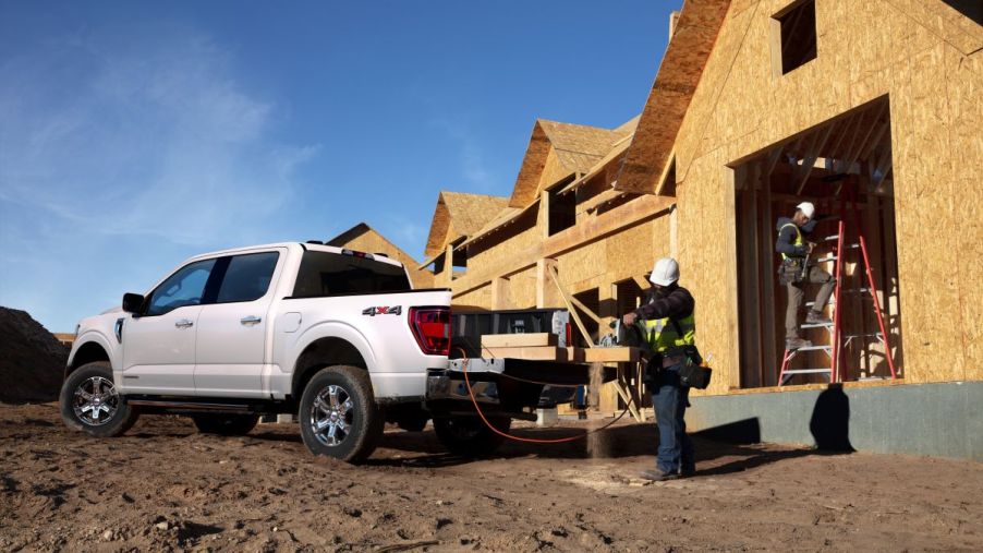 This crew cab short bed pickup truck is a Ford F-150