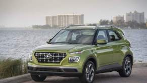 A light green 2023 Hyundai Venue parked in front of a large body of water with buildings in the background.