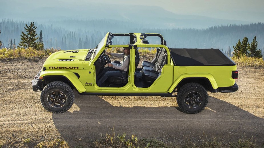 Neon green Jeep Gladiator Rubicon midsize 4wd pickup truck.