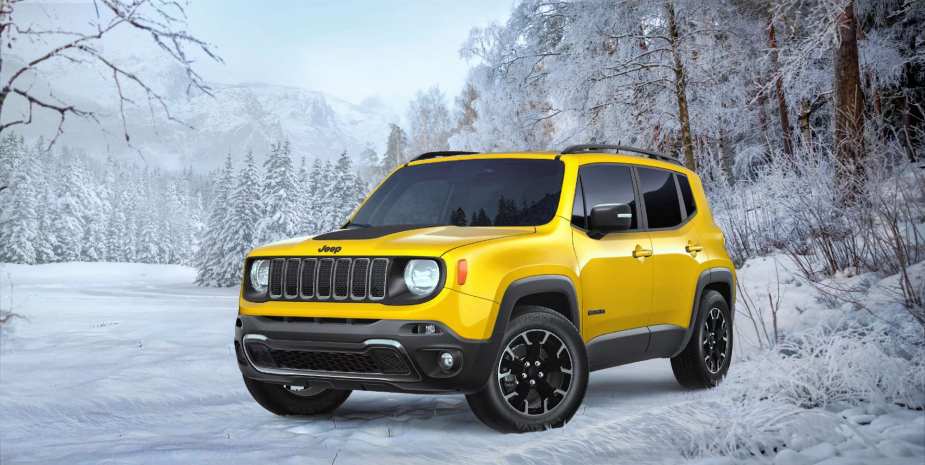 Yellow 2023 Jeep Renegade in Snow