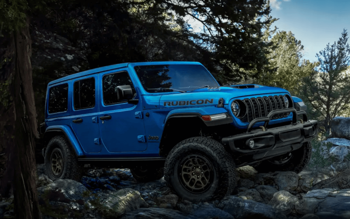 blue 2023 Jeep Wrangler Rubicon 392 on rocks