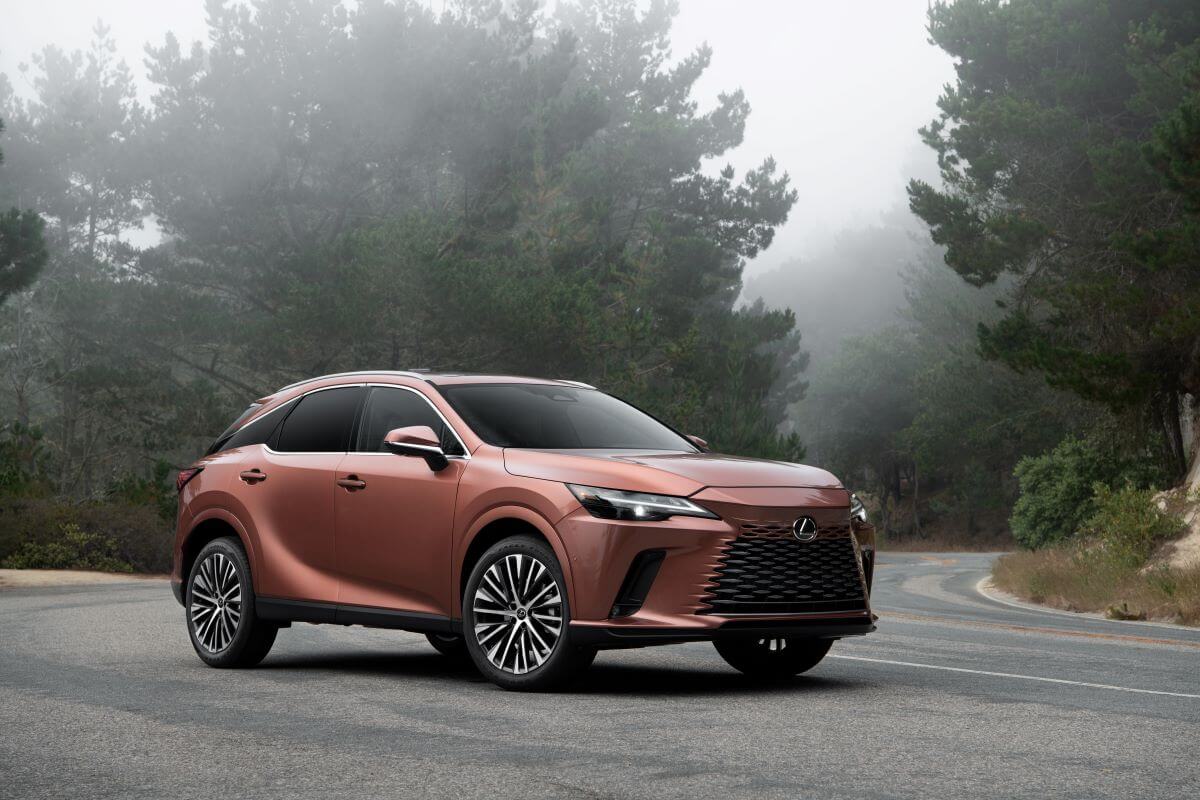 A copper-colored 2023 Lexus RX 350 midsize luxury SUV model parked on a forest road surrounded by fog