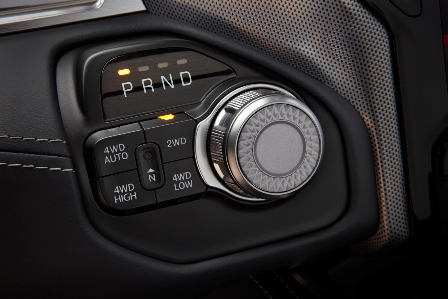 A decorated shift knob for the eight-speed automatic in the Ram 1500 Limited truck.