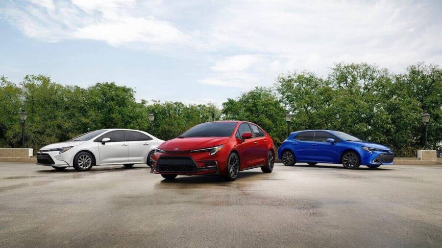 A lineup of 2023 Toyota Corolla cars and Corolla Hatchbacks show off their bright colors.