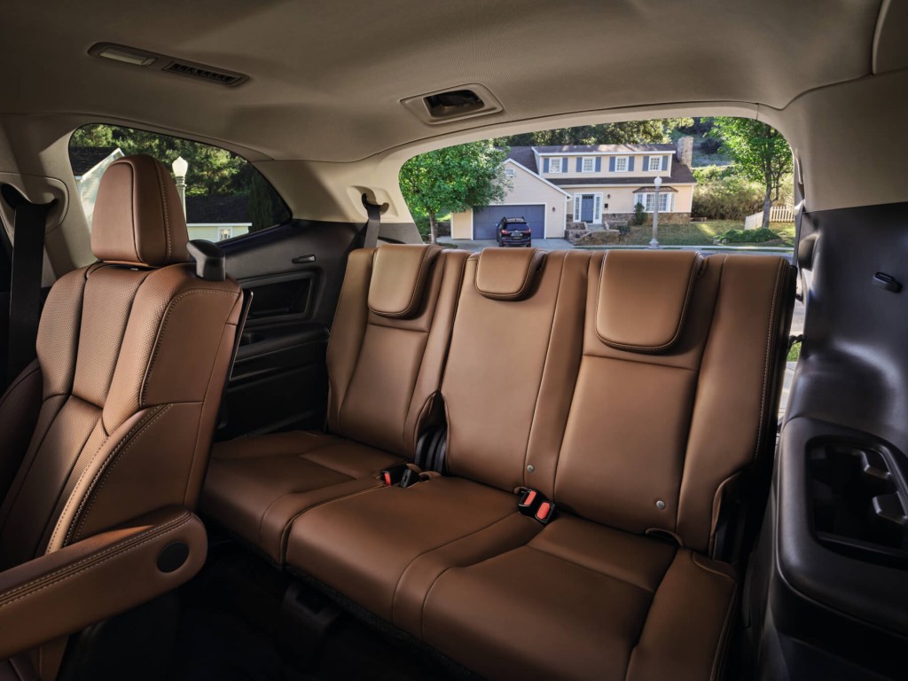 Third-row seating of a 2023 Subaru Ascent in brown leather.