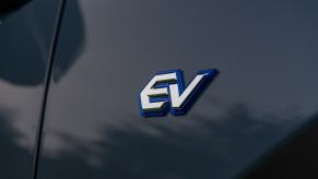 Close up of the EV badge on a new 2023 Subaru Solterra.