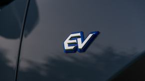 Close up of the EV badge on a new 2023 Subaru Solterra.