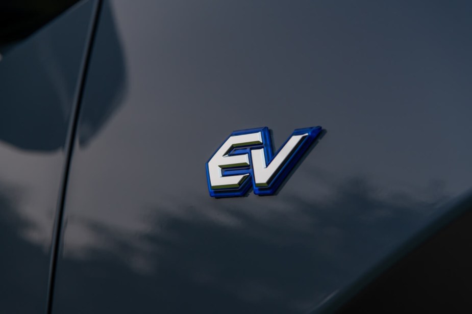Close up of the EV badge on a new 2023 Subaru Solterra.