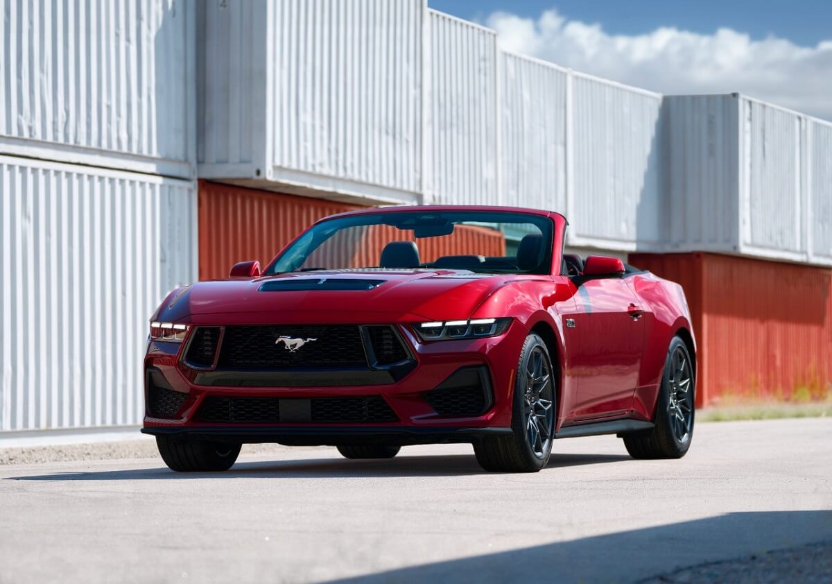 A new 2024 S650 Ford Mustang convertible shows off its drop top.