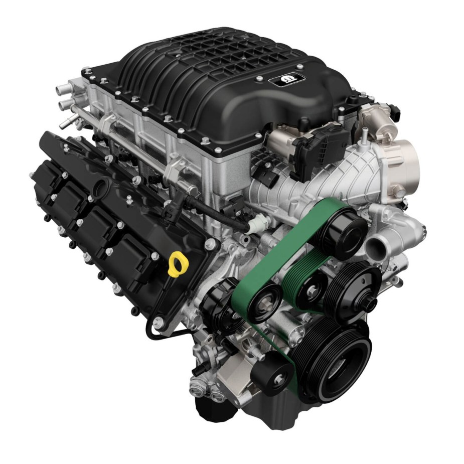 Promo photo of a supercharged V8 crate engine built by Dodge Ram for custom cars and trucks.