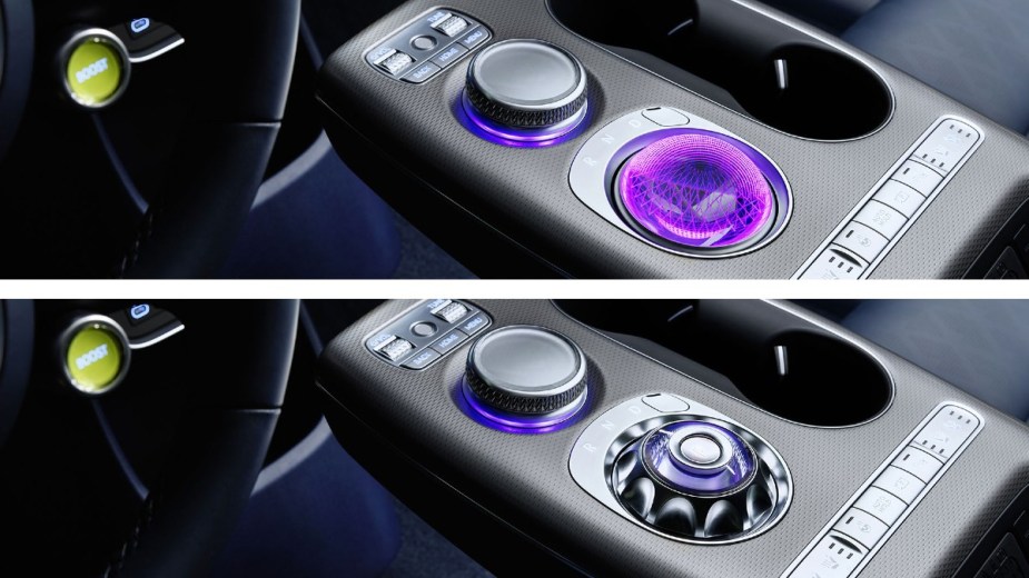 Split view of the Crystal Sphere Shifter 2023 Genesis GV60 - One showing the sphere, the other the gear selector