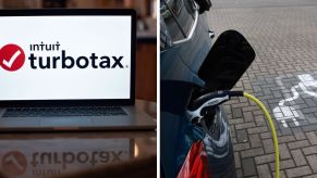 Intuit TurboTax on a laptop (left) and a Seat Cupra Born electric vehicle (EV) at a charging station (right)