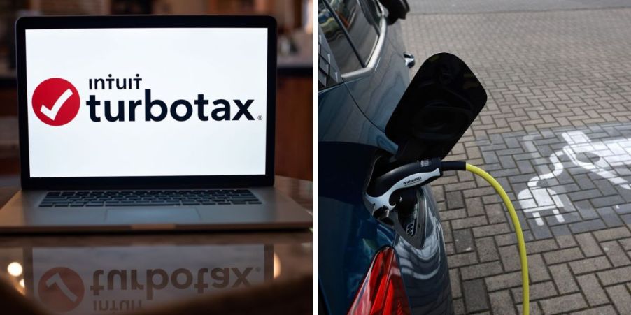 Intuit TurboTax on a laptop (left) and a Seat Cupra Born electric vehicle (EV) at a charging station (right)