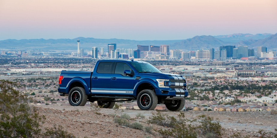 A performance variant of the Ford F-150, the F-150 Shelby sits near a city.