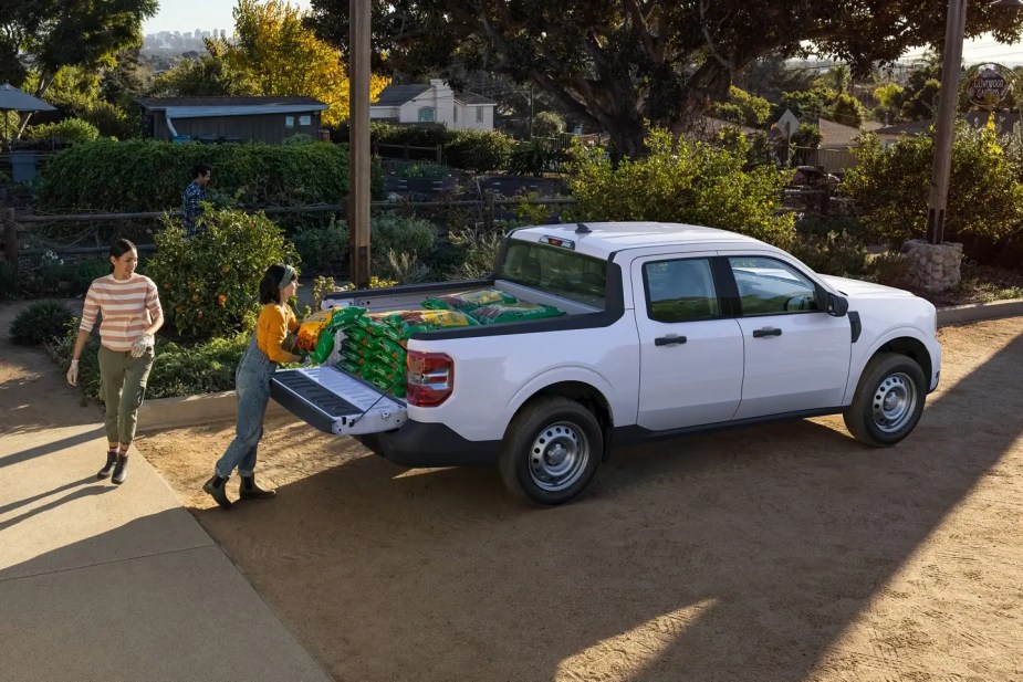 Ford's small truck, the Maverick, has items loaded into its bed.