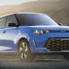 Front angle view of blue 2023 Kia Soul, cheapest new Kia SUV and one of the most affordable in America