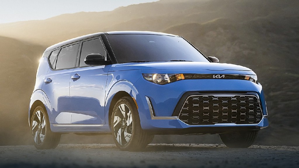 Front angle view of blue 2023 Kia Soul, cheapest new Kia SUV and one of the most affordable in America