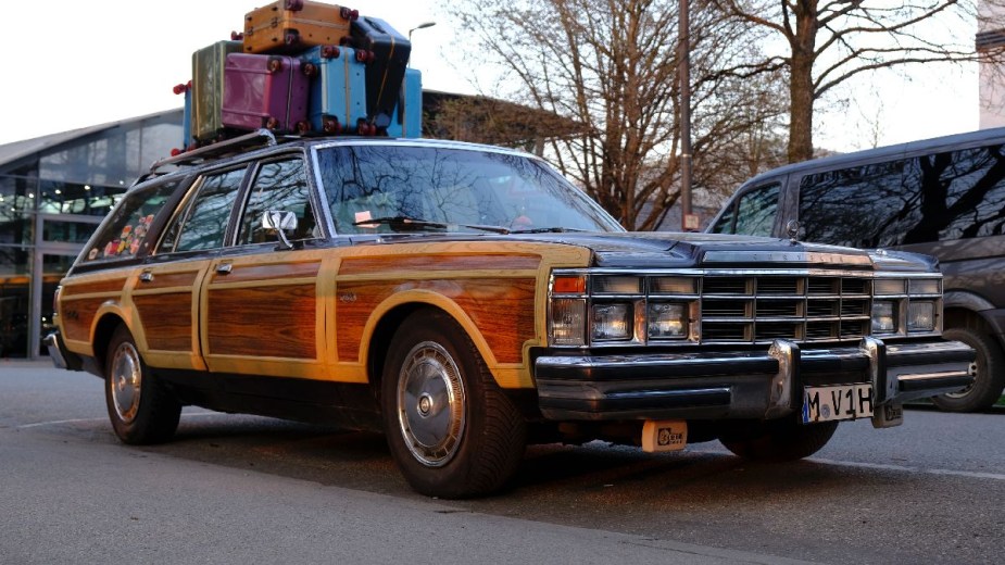 Front angle view of classic woodgrain station wagon, showing how EVs could save wagons from dying 
