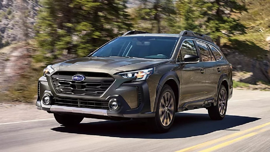 Front angle view of new 2023 Subaru Outback Touring XT crossover SUV, highlighting how much fully loaded one costs