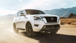 Front angle view of white 2023 Nissan Armada, the cheapest new full-size SUV