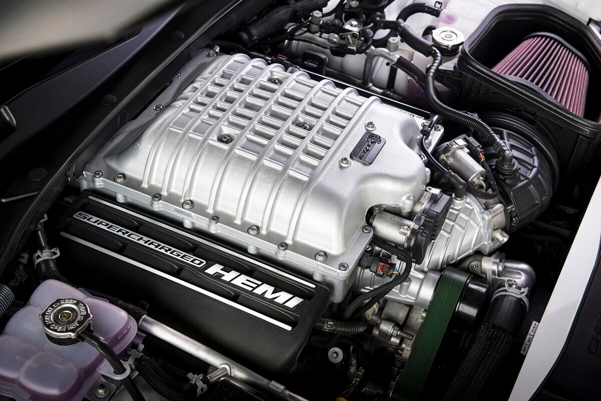 A Dodge Charger's supercharged Hemi Hellcat Engine.