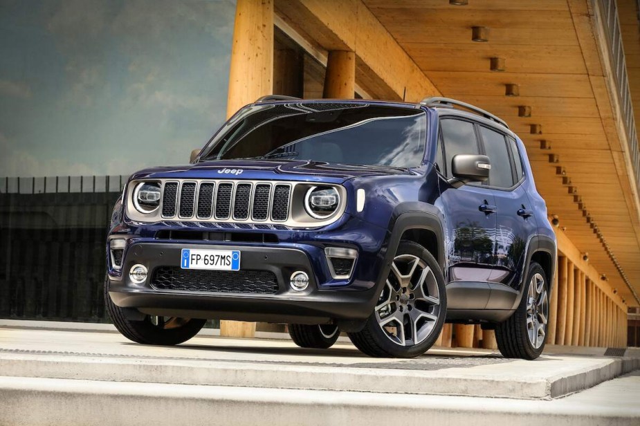 A blue Jeep Renegade, model with an annual maintenance cost under $500 parked in front of a building.