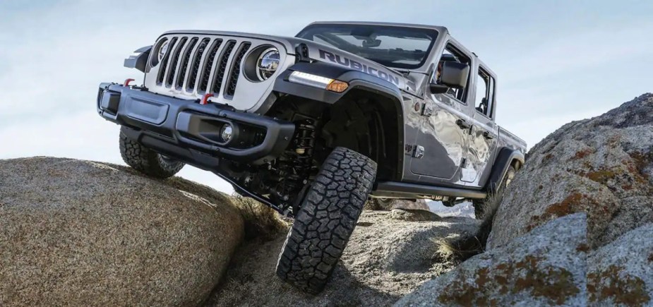 A 2023 Jeep Gladiator Rubicon shows its off-road prowess thanks to specialized truck tires.