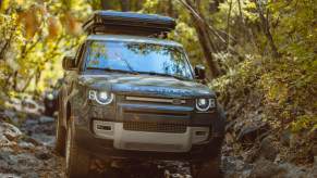 Head-on view of a Land Rover Defender traversing a rocky and heavily wooded trail.