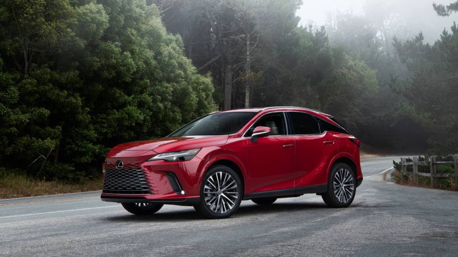Red Lexus RX hybrid sits on a road with forest trees surrounding.