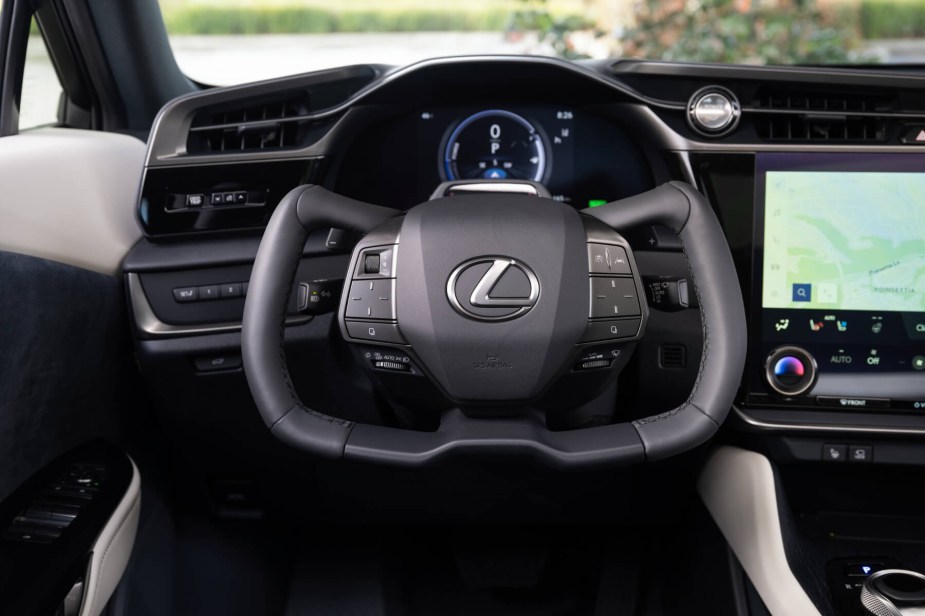 View of the yoke steering system in the new Lexus RZ 450e. 