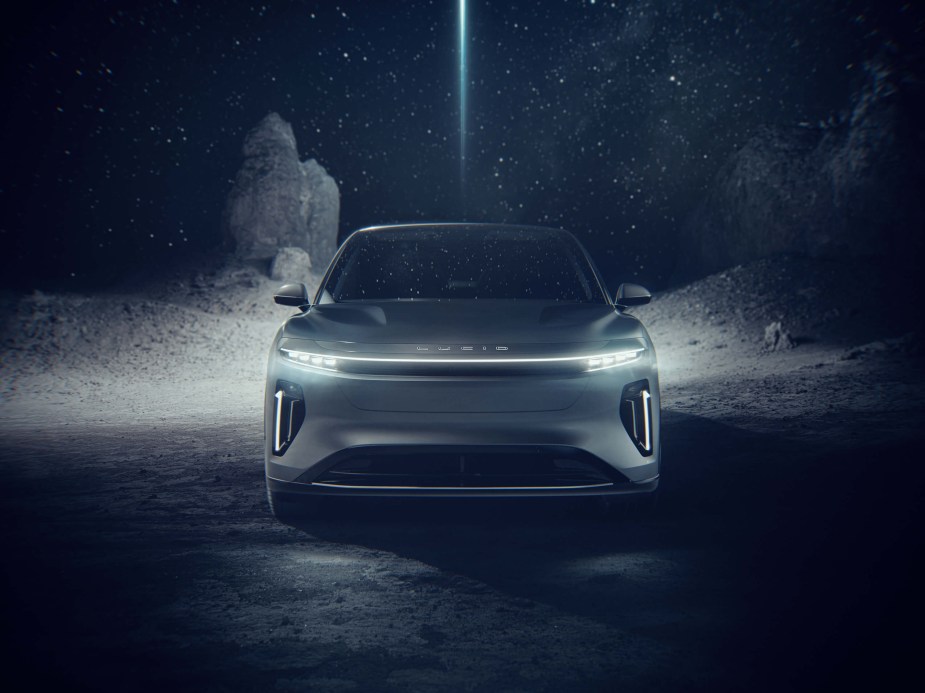 Lucid Gravity SUV concept photo of its front end. 