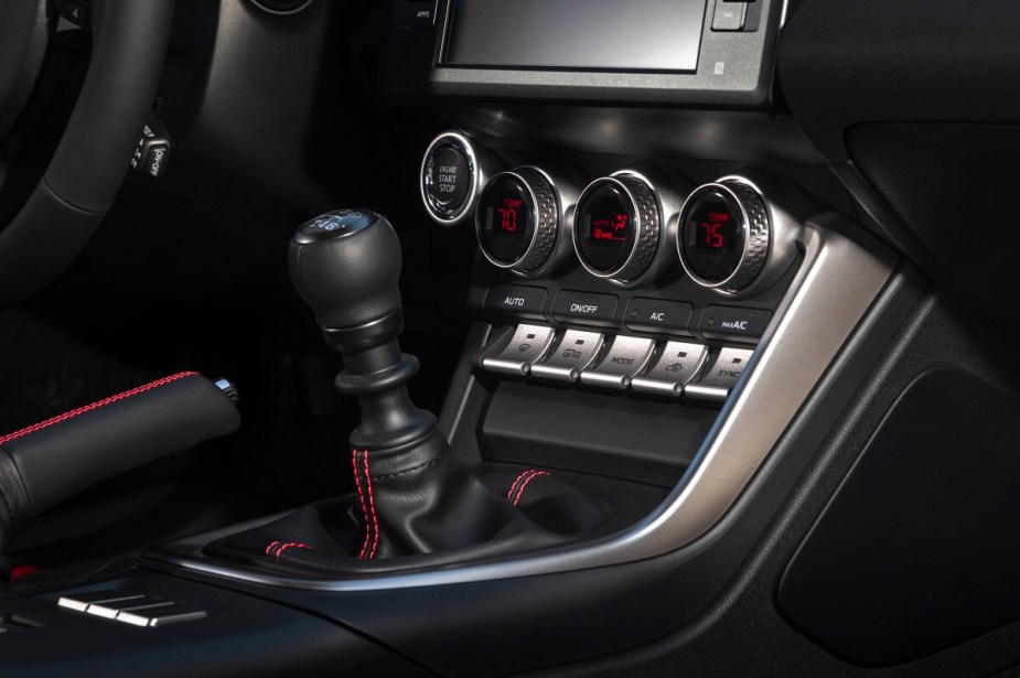 A 2023 Subaru BRZ shows off its manual gear selector. 