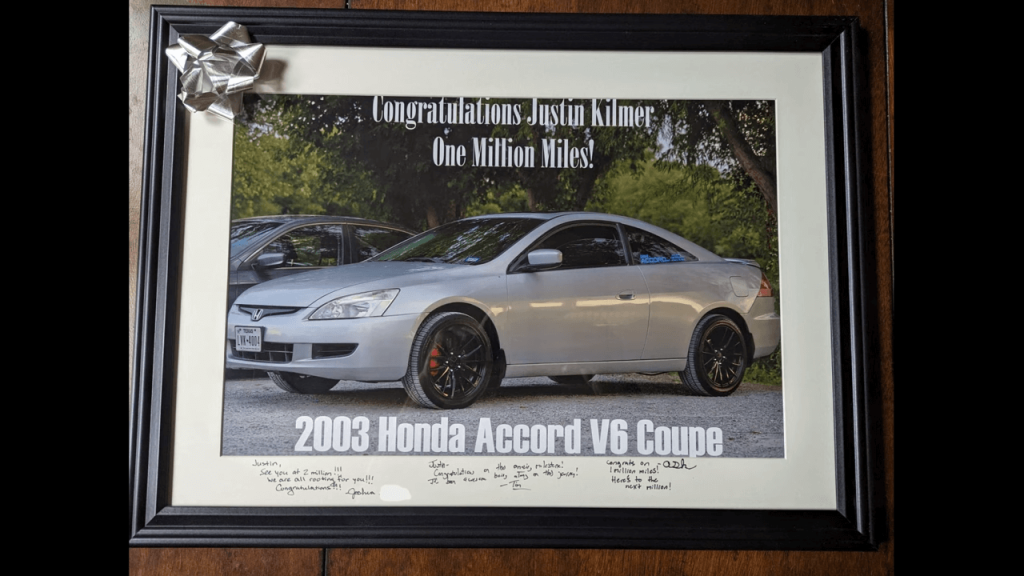 Justin Kilmer's million-mile Honda Accord plaque