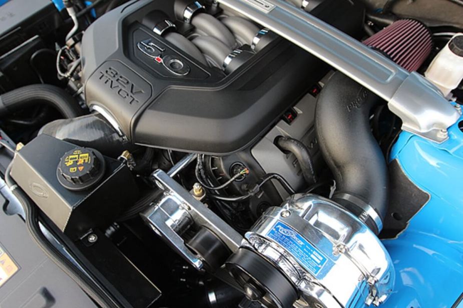 A ProCharger system like this one on a Coyote Ford Mustang takes up less space than a high-horsepower roots supercharger.