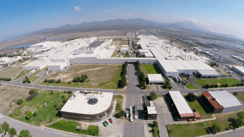 A bird's eye view of the Stellantis engine plant opened by Chrysler Corporation in Saltillo Mexico, multiple buildings visible. 