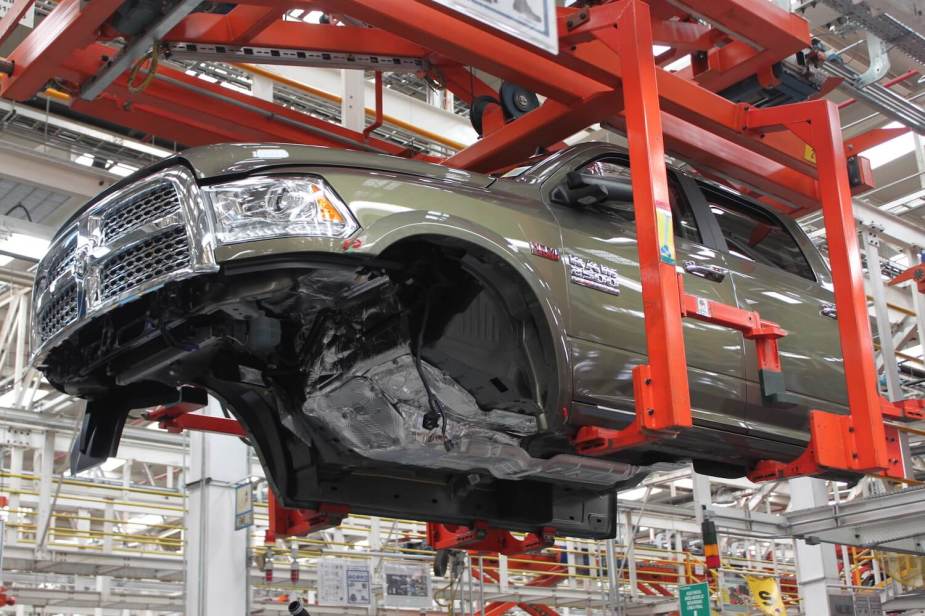 A Ram truck and engine being assembled in the Saltillo, Mexico plant.
