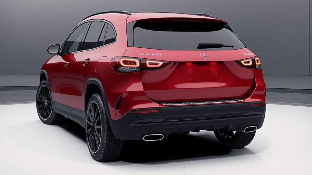 Rear angle view of red 2023 Mercedes-Benz GLA-Class subcompact luxury SUV, most affordable new Mercedes-Benz SUV