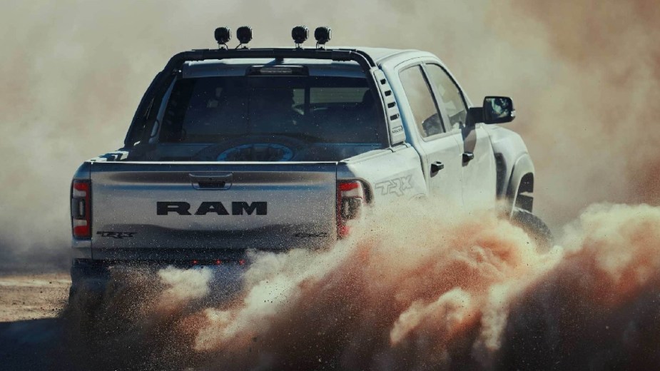Rear angle view of silver 2023 Ram 1500 TRX full-size truck, the worst car for the environment