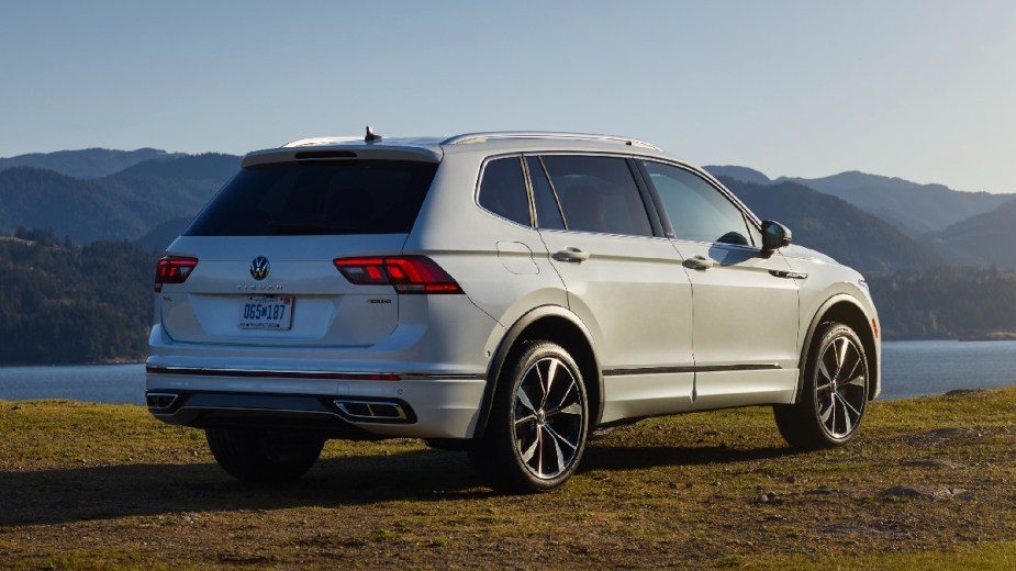 Rear angle view of white 2023 VW Tiguan compact crossover SUV