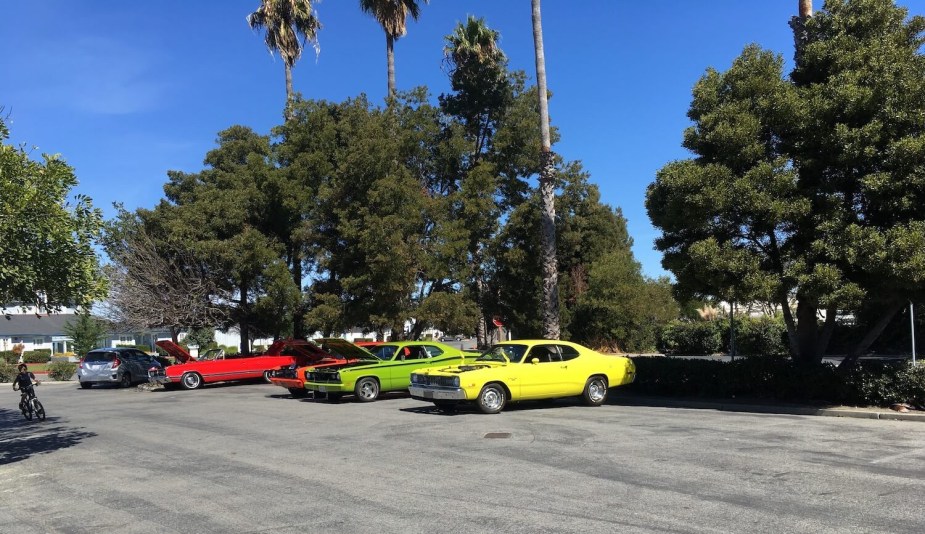 A row of Dodge Darts and Plymouth cars powered by slant-six engine parked at a car show, Redwood City palm trees visible in the background.