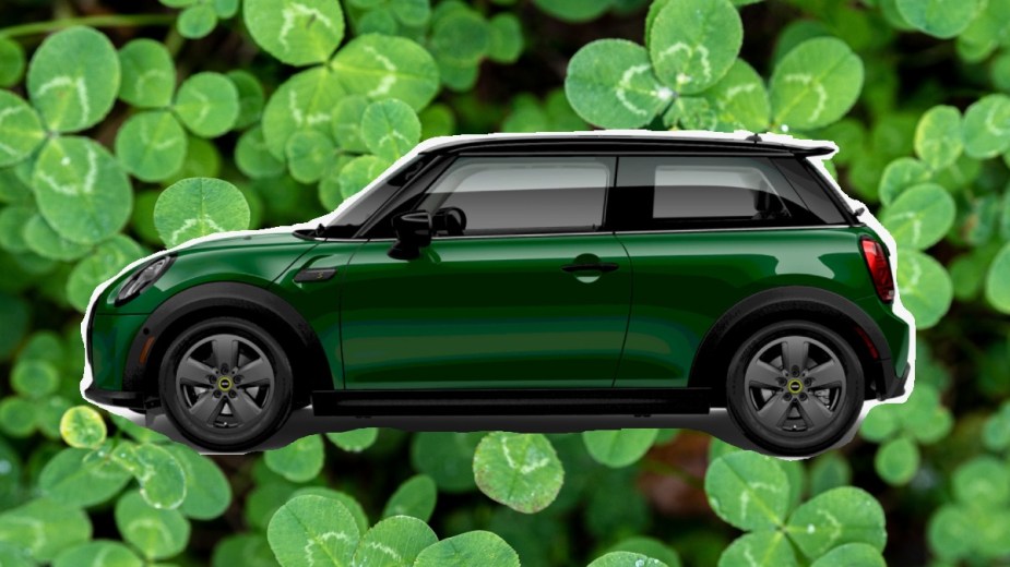 Side view of green 2024 MINI Cooper SE, showing car that St. Patrick’s Day leprechaun would drive