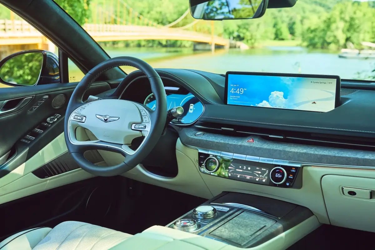 The tech-packed cabin of the Genesis Electrified G80