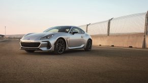 A 2023 Subaru BRZ shows off its fascia and silver paintwork.