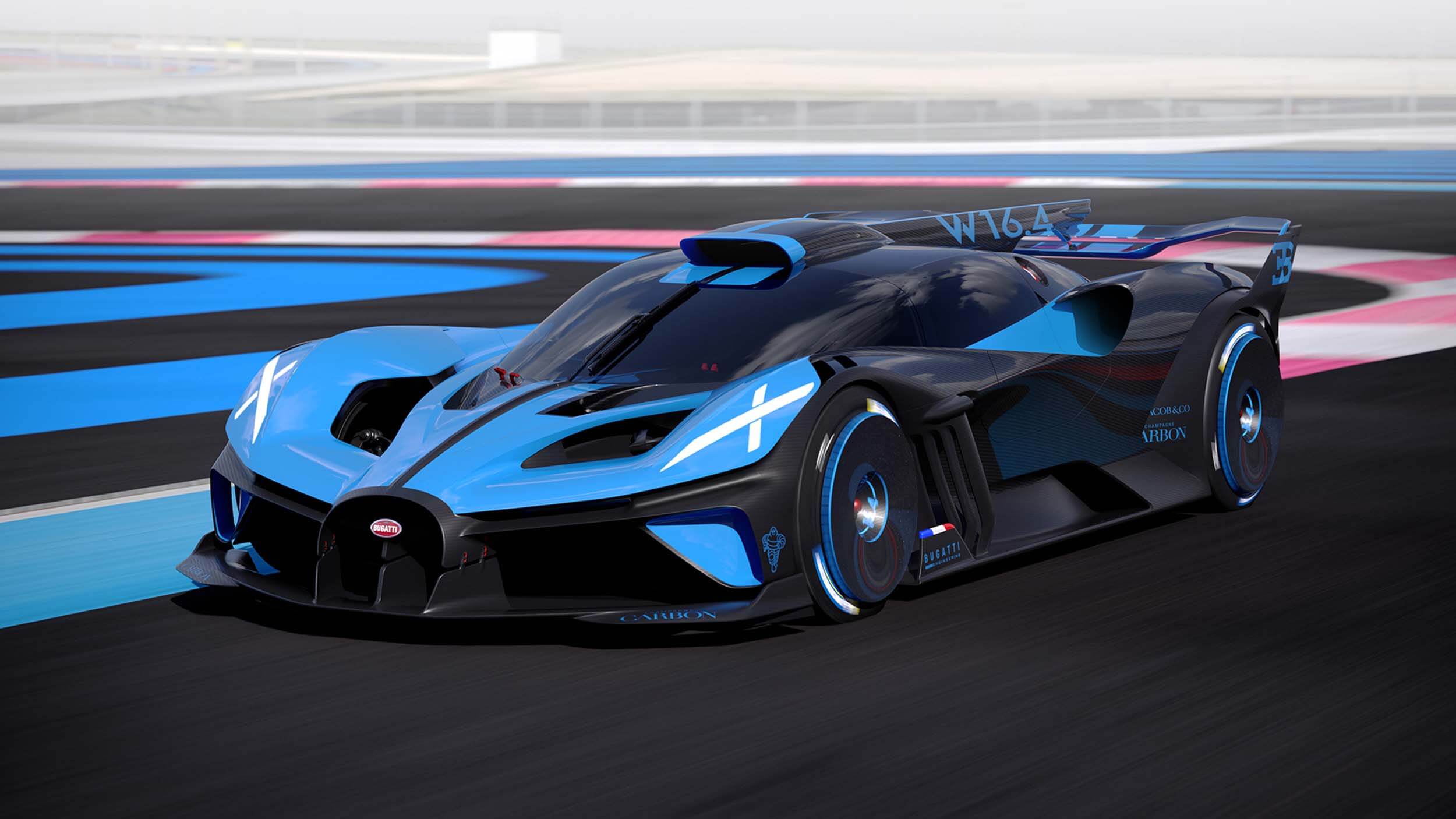 A render of the track-only Bugatti Bolide race car powered by a next-gen W16 engine and wearing the livery the Bugatti Tank wore at Le Mans.