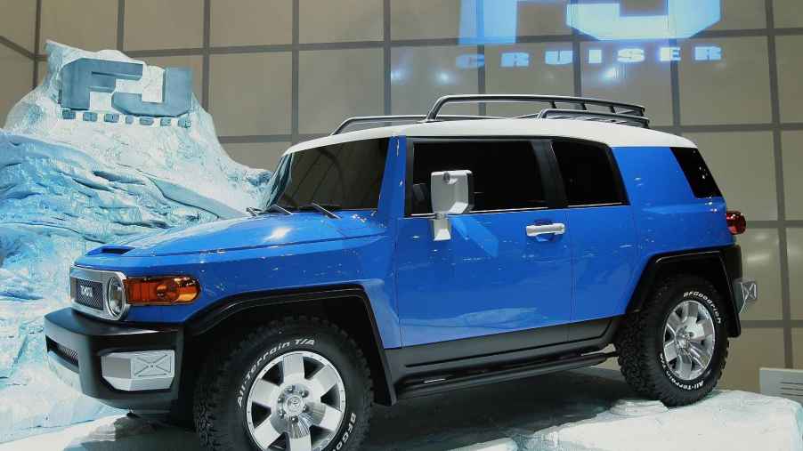 The Toyota FJ Cruiser in blue at an auto show
